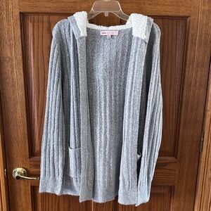Crave Fame Gray Ribbed Hooded Open-Front Cardigan